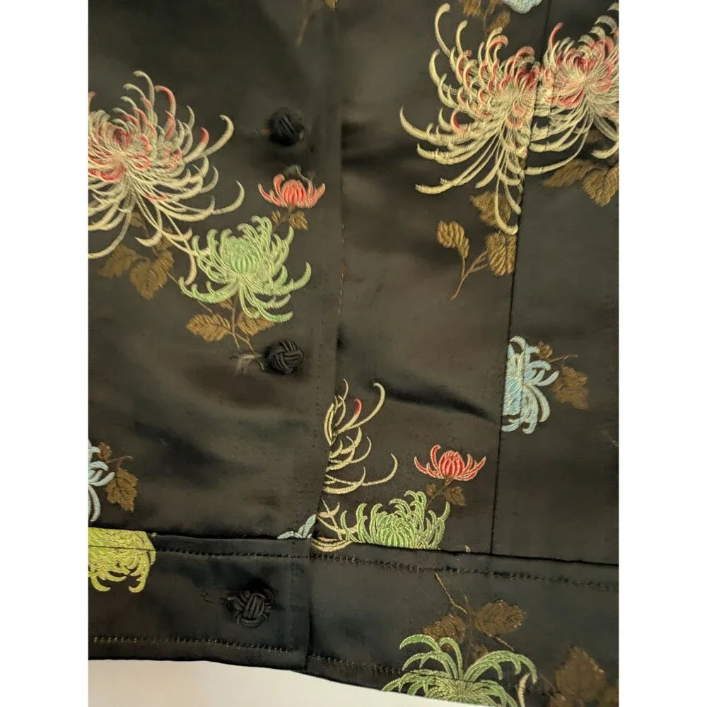 Vintage silk blend satin jacket Asian embroidery black 8 Night Lights - Picture 2 of 7